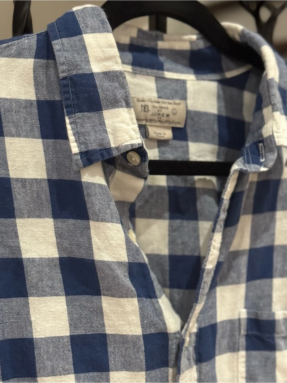 J. Crew Blue and White Check Linen-Cotton Shirt